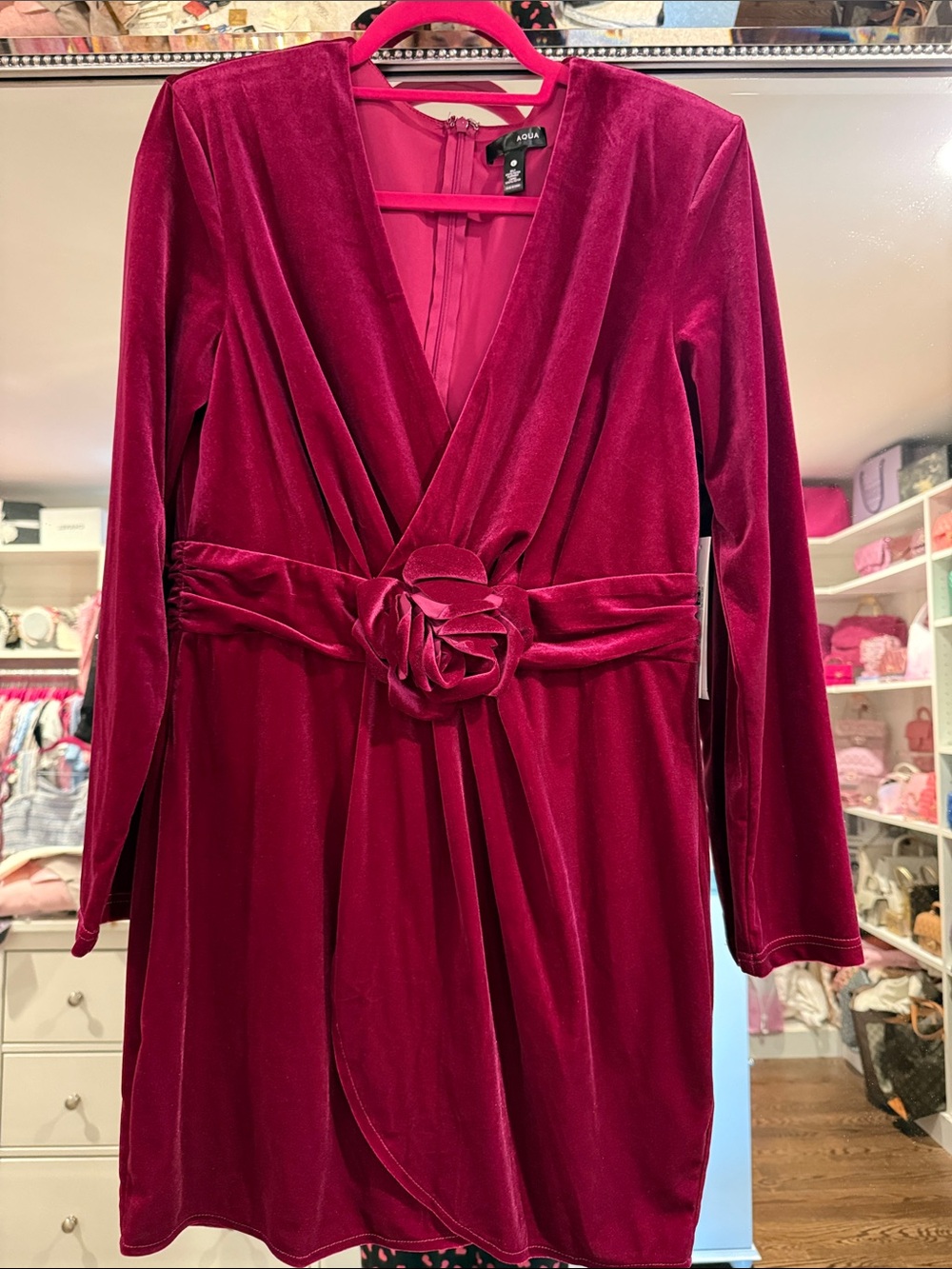 Aqua Women’s Berry Velvet Wrap Dress with Rosette Waist